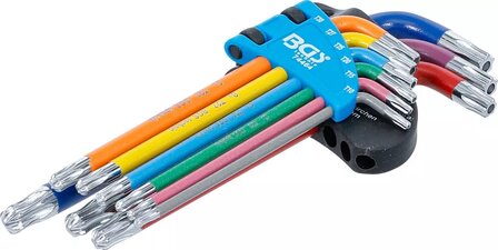 Stiftsleutelset meerkleurig T-profiel (voor Torx) met boring en kogelkop T10 - T50 9-dlg