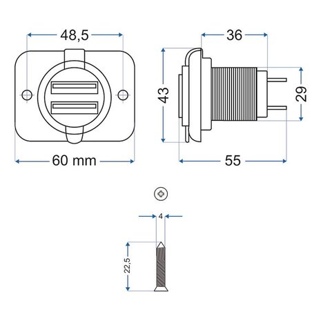 USB-inbouwdoos tweevoudig type A 3100mA 12V/24V