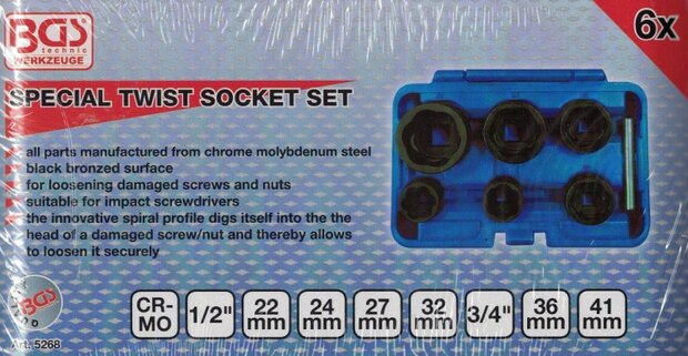 Spiraalprofiel-dopsleutelset / schroefuitdraaier 12,5 mm (1/2) + 20 mm (3/4) 22 - 41 mm 6-dlg