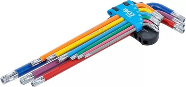 Stiftsleutelset meerkleurig extra lang T-profiel (voor Torx) met boring T10 - T50 9-dlg