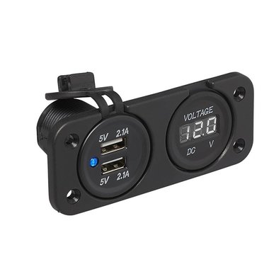 Inbouw kit: voltmeter 6-30V + USB poort dubbel type A 2x2100mA